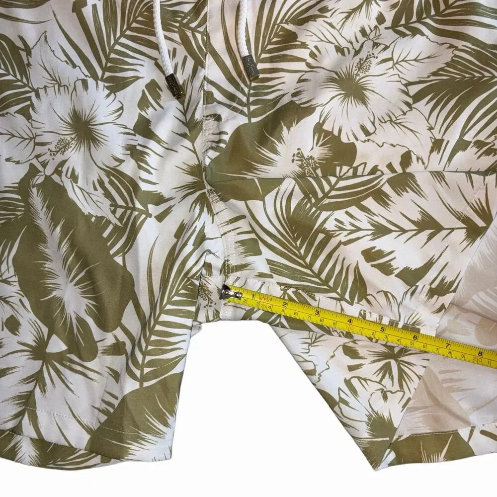 Kenny Flowers Palm Leaf Print Swim Trunks Mens Lrg White Green Lined Drawstring
